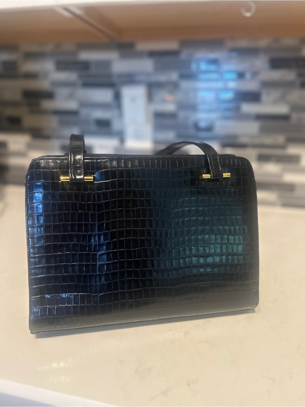 Vintage Charles Jourdan Black Croc-Embossed Structured Top-Handle Bag